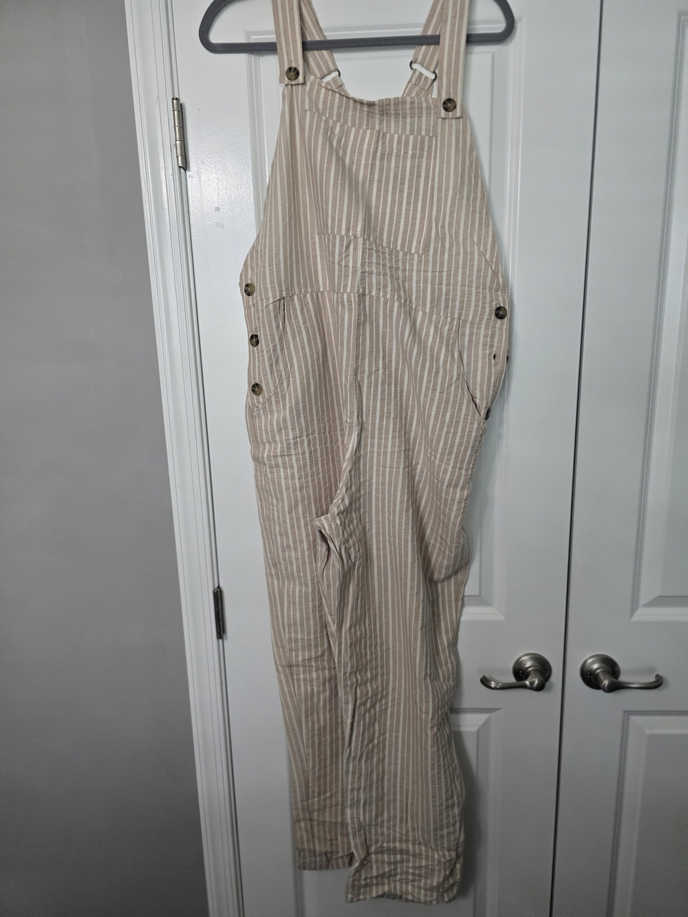 Beige Stripe Women’s Overalls Pants - Casual Workwear
